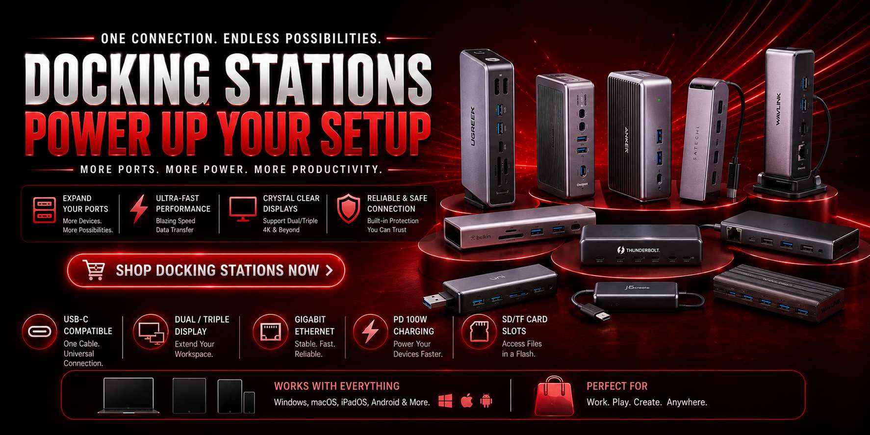 Assorted premium multi-port USB-C and Thunderbolt docking stations from Anker, Belkin, Satechi, and Ugreen