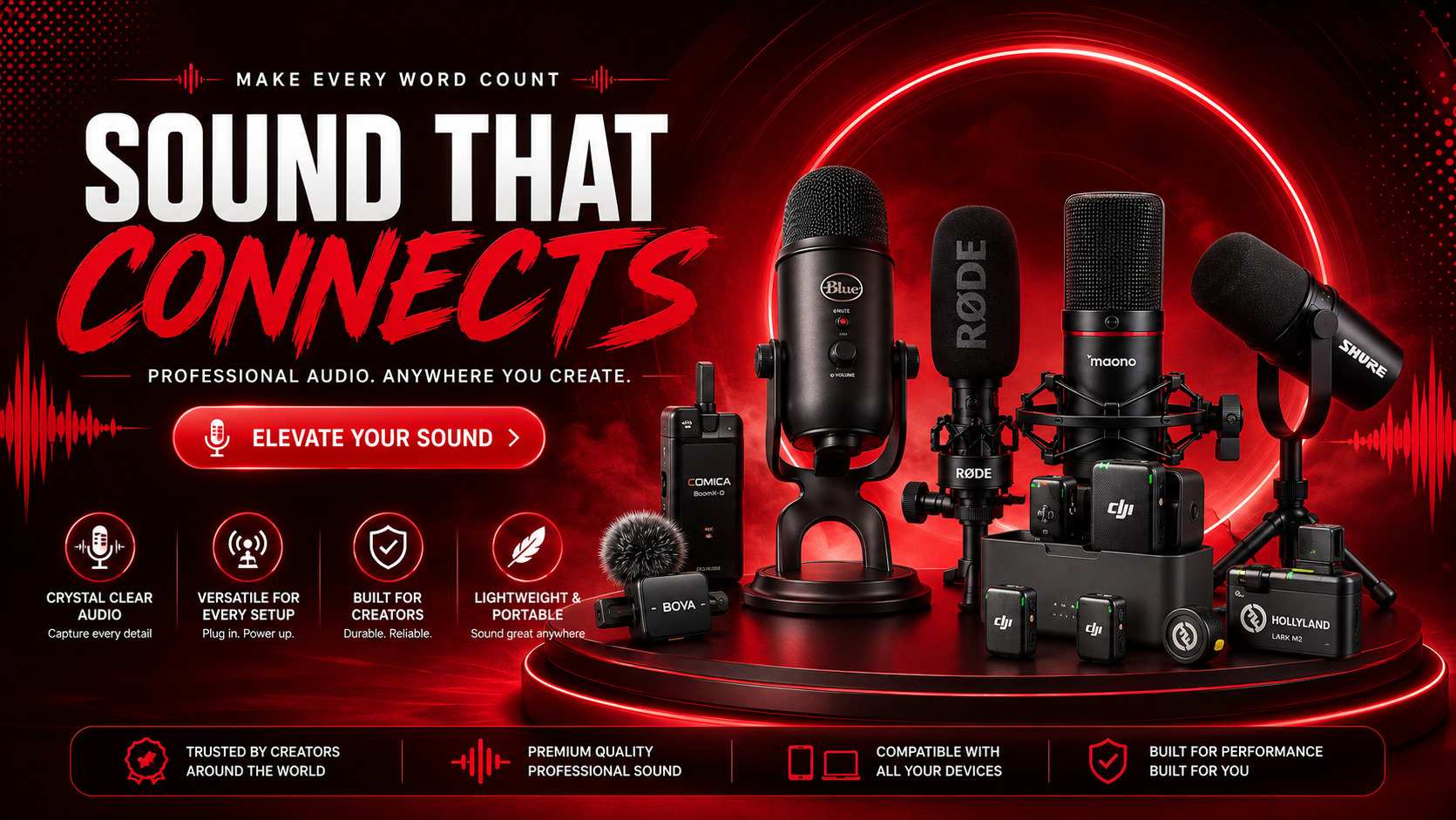 Collection of professional microphones including Rode, DJI Wireless, Maono, and Shure at Mobile Tech Joint Lagos
