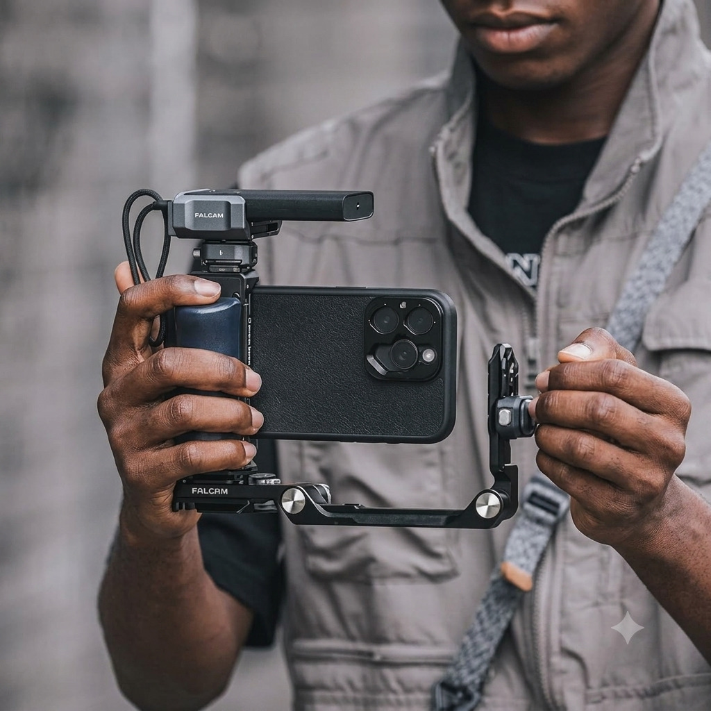 Space grey Falcam Foldable Half Cage shown half-collapsed displaying the F22 and F38 quick release channels.