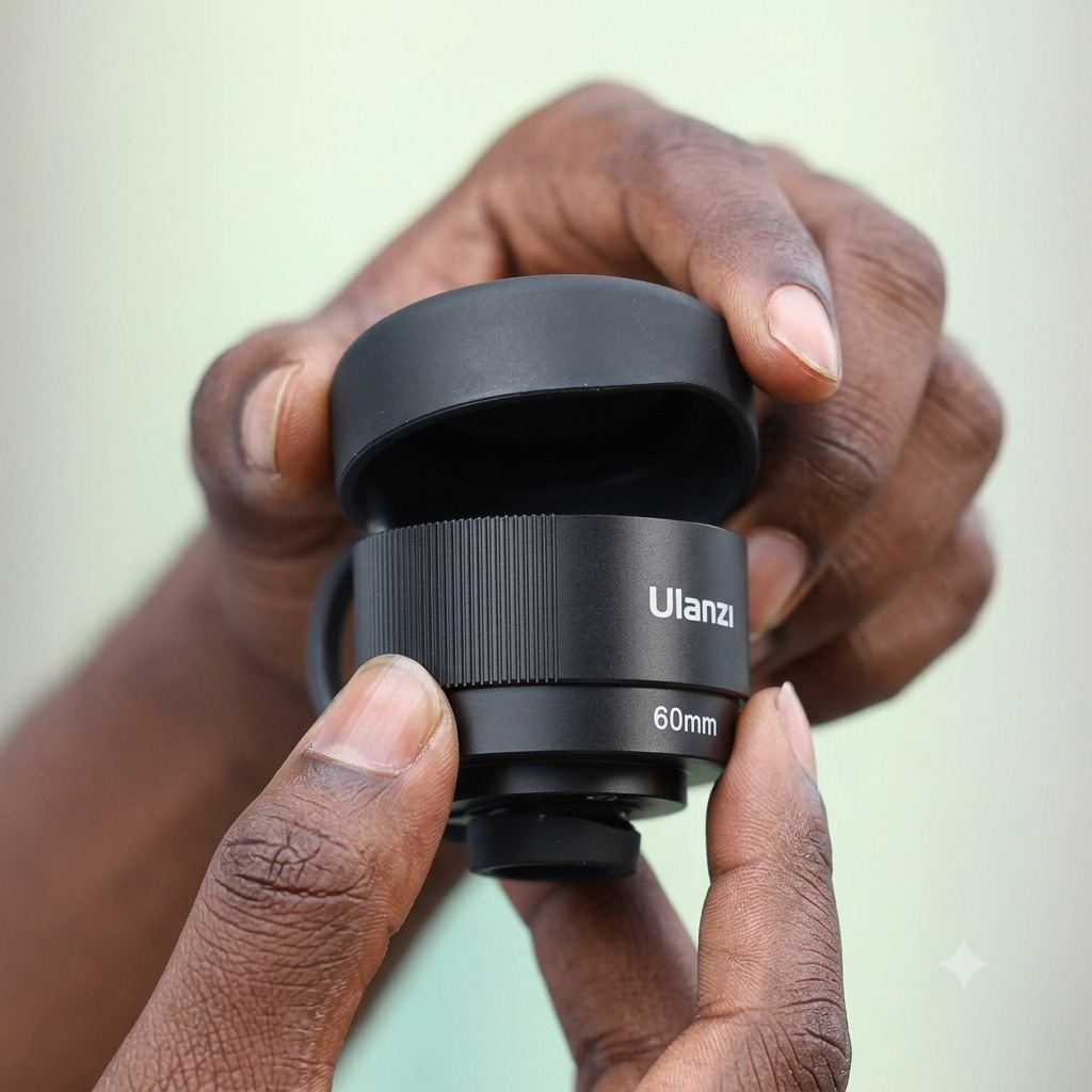 CL-003 75mm Macro smartphone camera lens showcasing its optical glass and mounting bracket.