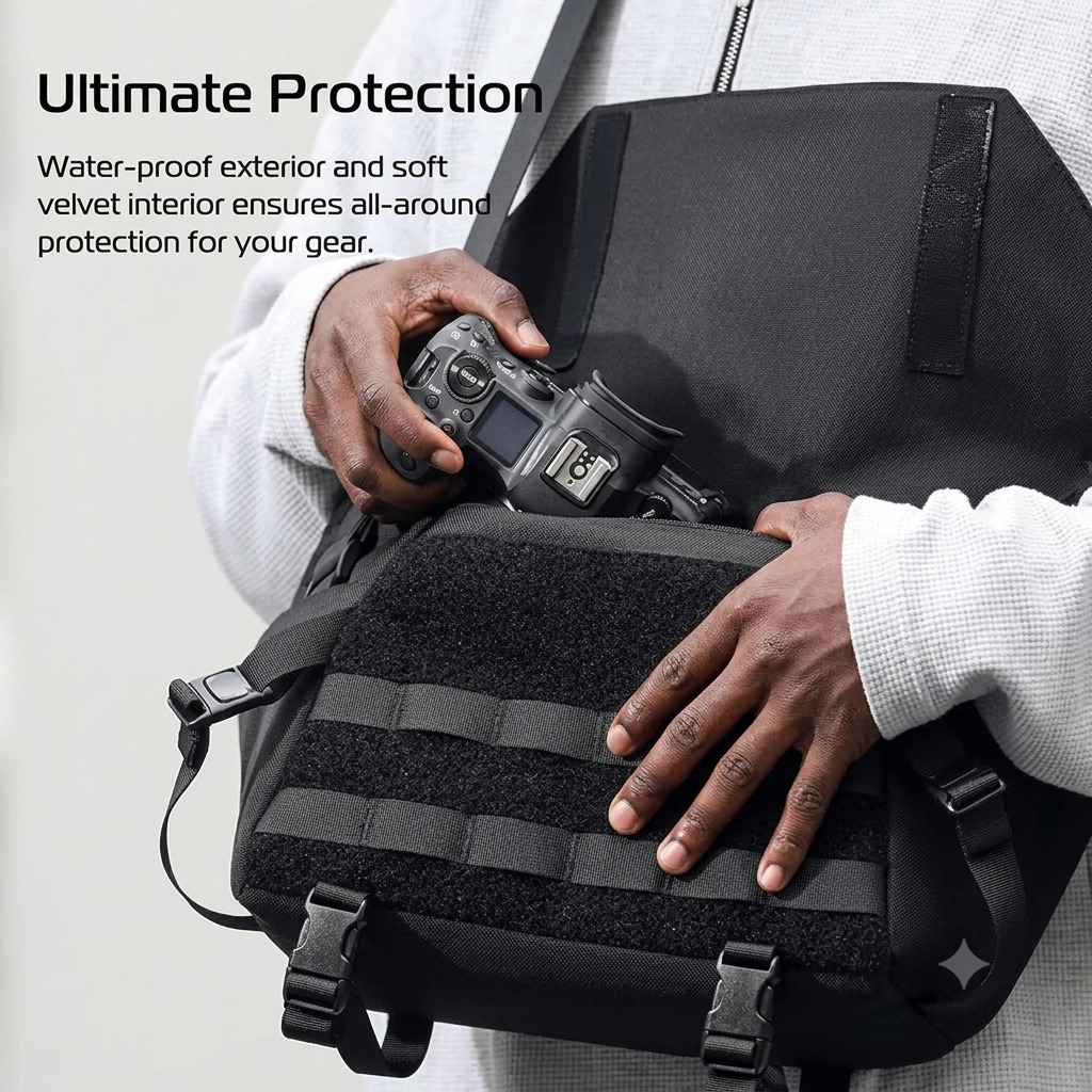 Black Ulanzi BC08 Camera Sling Bag worn crossbody by a photographer holding a mirrorless camera