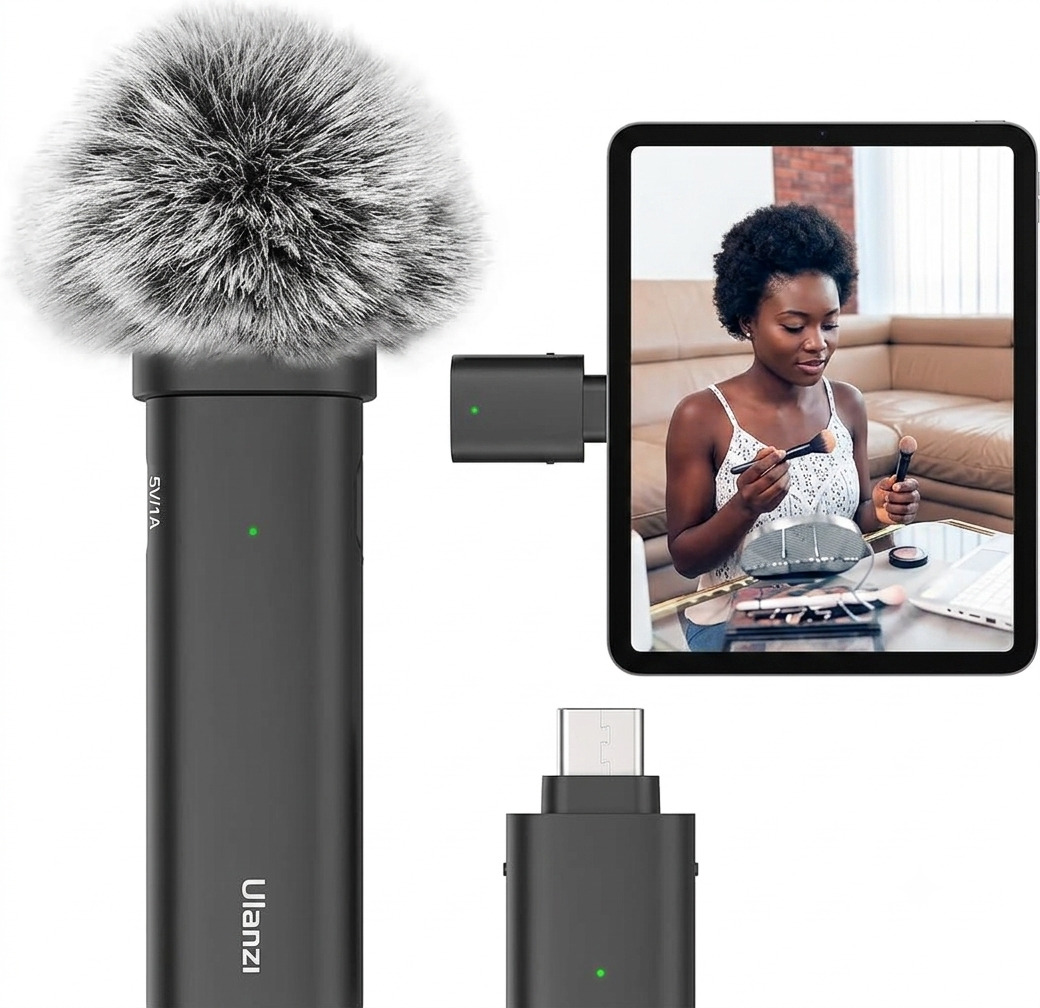 Black Ulanzi WM-10 Type C Wireless Microphone showing the mini clip on transmitter beside the compact Type C plug receiver