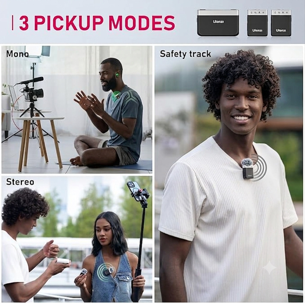 Close up view of the Ulanzi AM18 Wireless Microphone receiver connected directly to a smartphone during an outdoor interview shoot