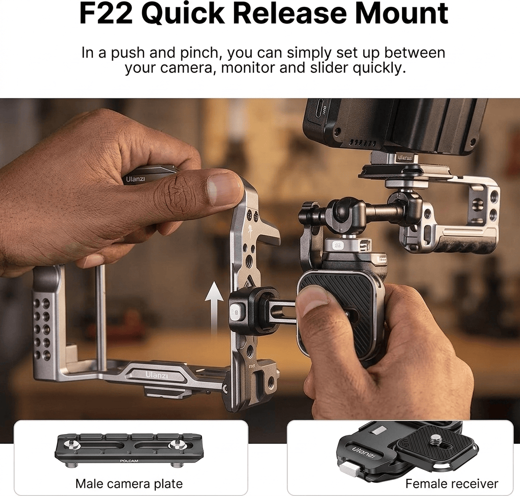 Space gray Ulanzi Falcam F22 Quick Release Side Handle with built-in quick release clamp and Micarta composite grip texture