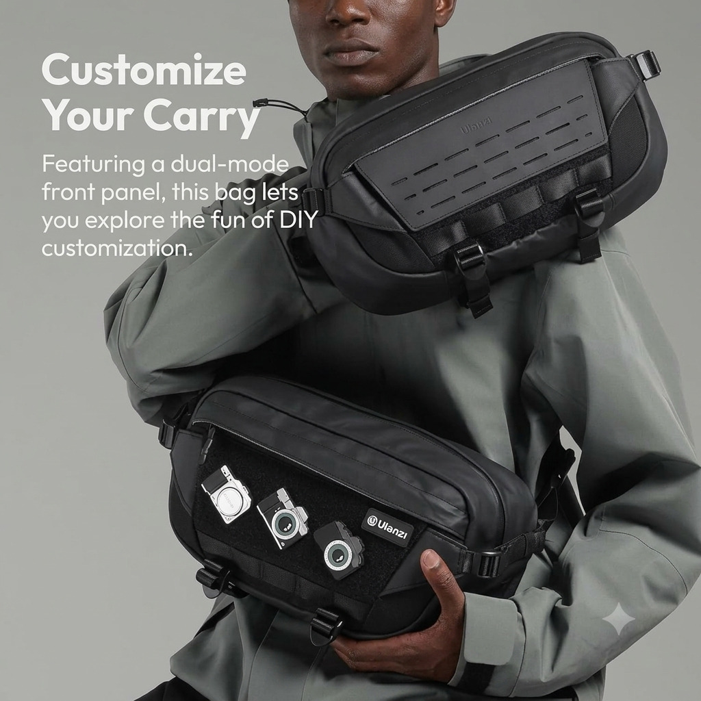 Black Ulanzi PB038 Sling Bag V2 showing its waterproof zippers, open interior compartment with camera gear, and bottom tripod straps.