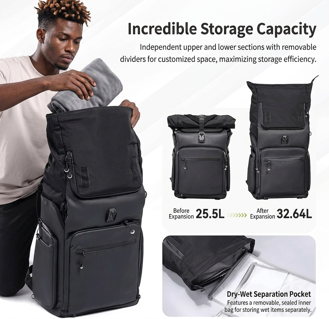Black Ulanzi BT01 Business Travel Backpack standing upright showing its minimalist front panel, sturdy top handle, and deep side pocket.