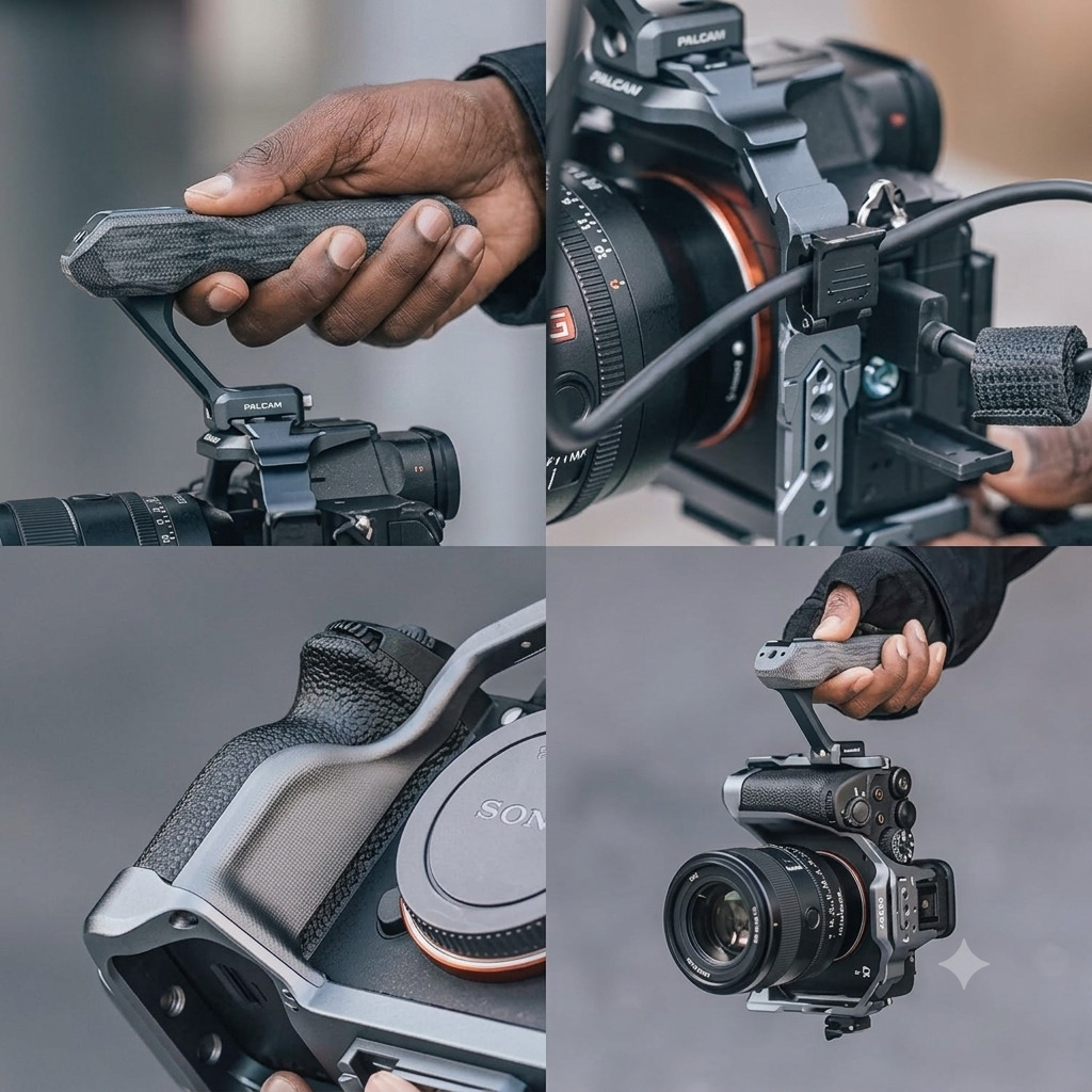 Dark grey Falcam Cage for Sony A7 IV camera body showing F22 and F38 quick release interfaces