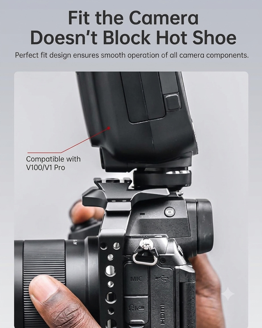Black Falcam Camera Cage for Nikon Z5 II showing the open frame design and quick release channels.