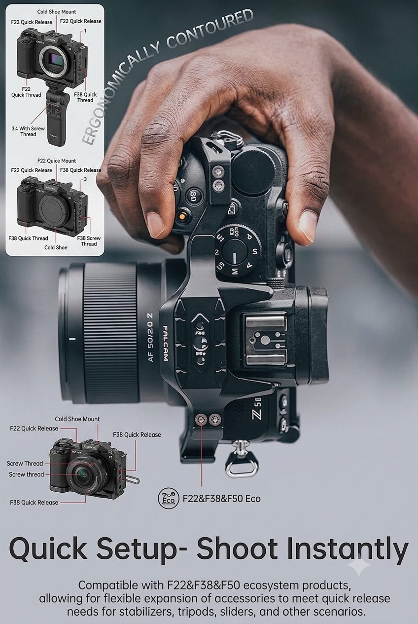 Black Falcam Camera Cage for Nikon Z5 II showing the open frame design and quick release channels.