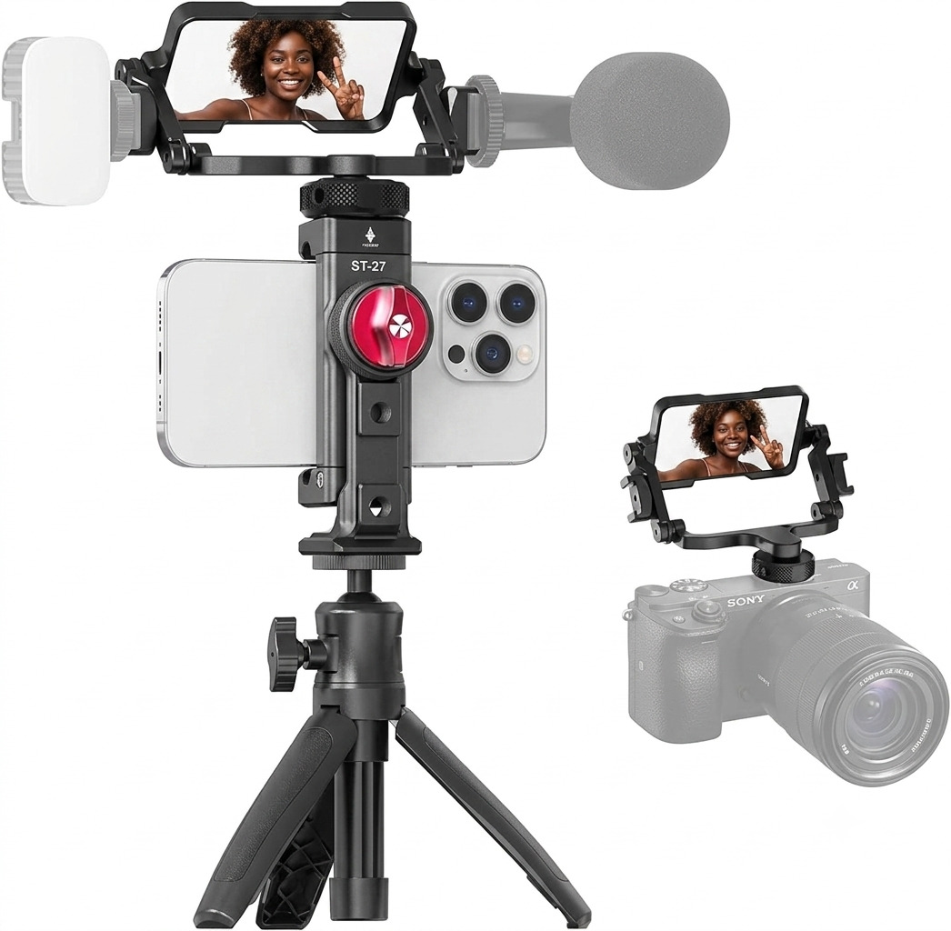 Black Ulanzi Vlog Mirror mounted on a smartphone rig with a microphone and LED fill light.