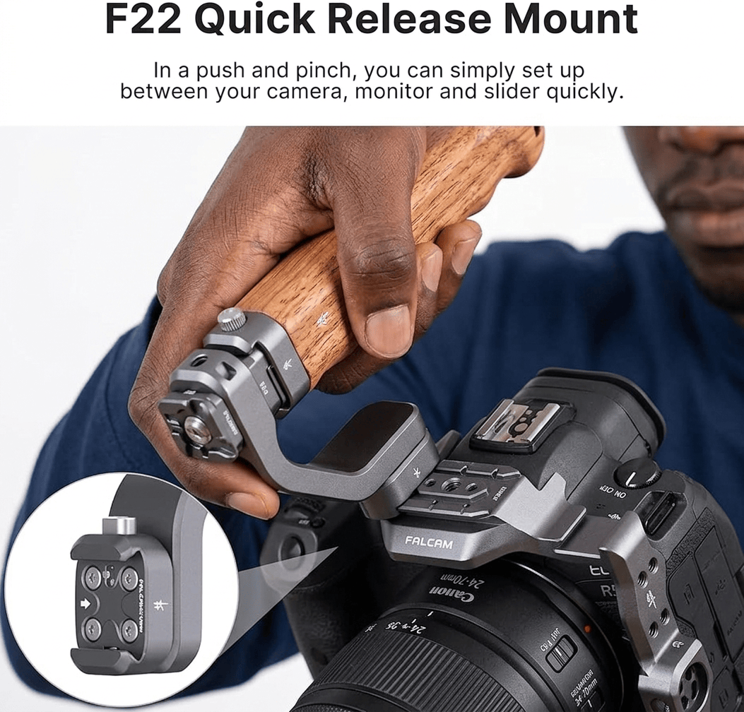 Space gray Ulanzi Falcam F22 Portable Top Hand Grip with built-in quick release base and Micarta composite paneling