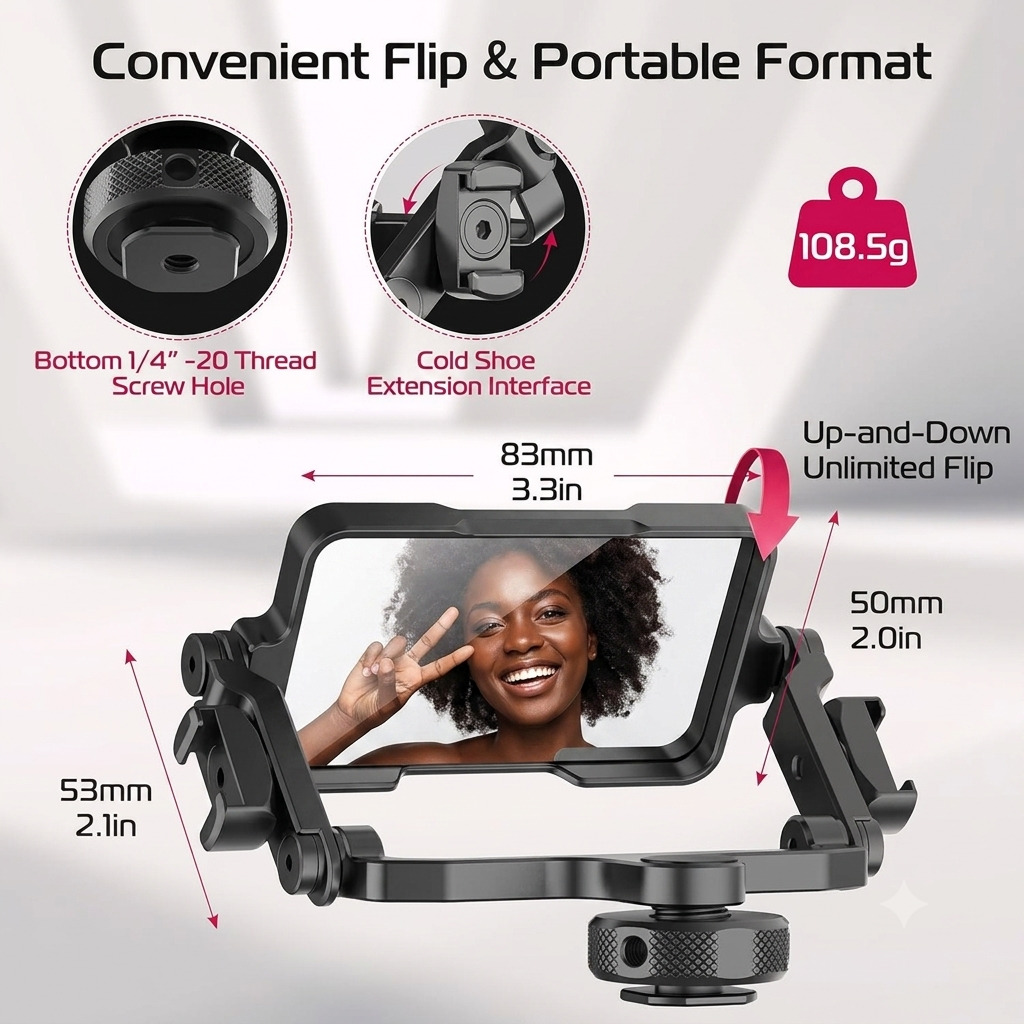 Black Ulanzi Vlog Mirror mounted on a smartphone rig with a microphone and LED fill light.