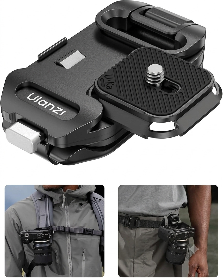 Matte black Ulanzi UKA07 Quick Release Camera Backpack Strap Clip showing the clamp open with the top plate unmounted