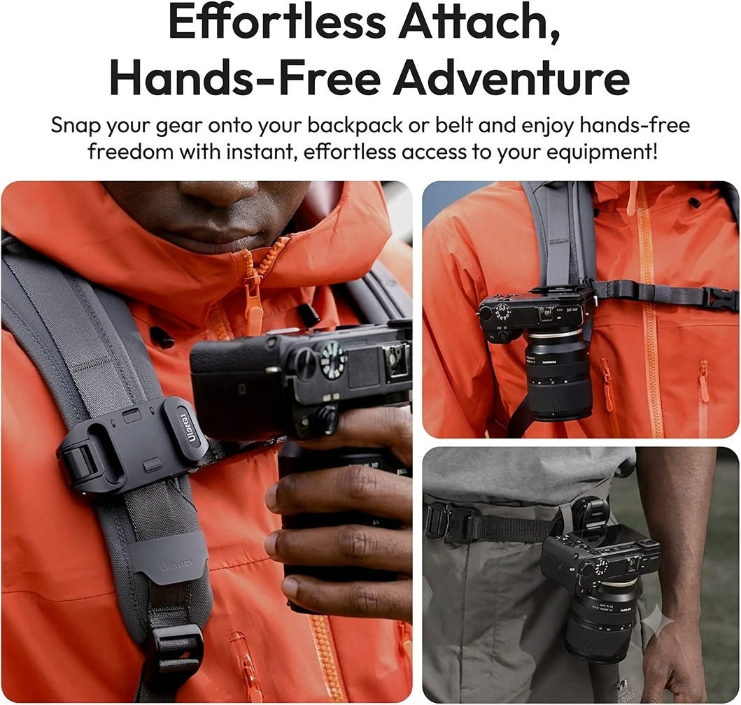 Matte black Ulanzi UKA07 Quick Release Camera Backpack Strap Clip showing the clamp open with the top plate unmounted