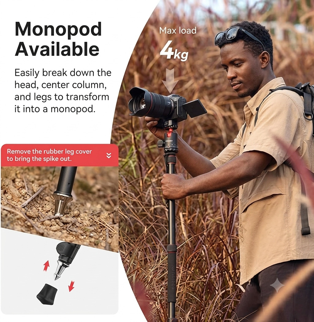Close up view of the Ulanzi TT31 Claw Quick Release Travel Tripod with Carbon Fiber Legs with one leg detached and configured into a monopod