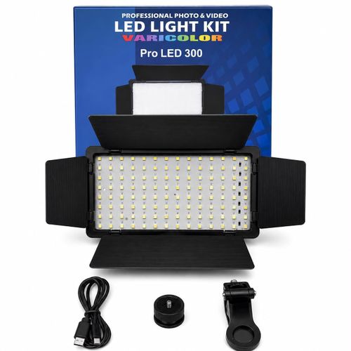 Pro LED 300 bi-color video light panel mounted on camera cold shoe