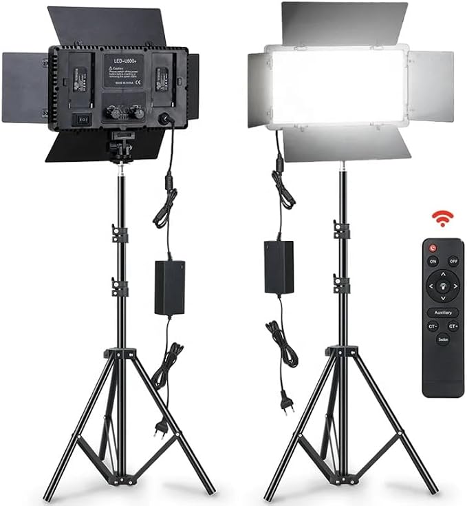 Pro LED 600 bi-color video light panel with metal barn doors mounted on light stand