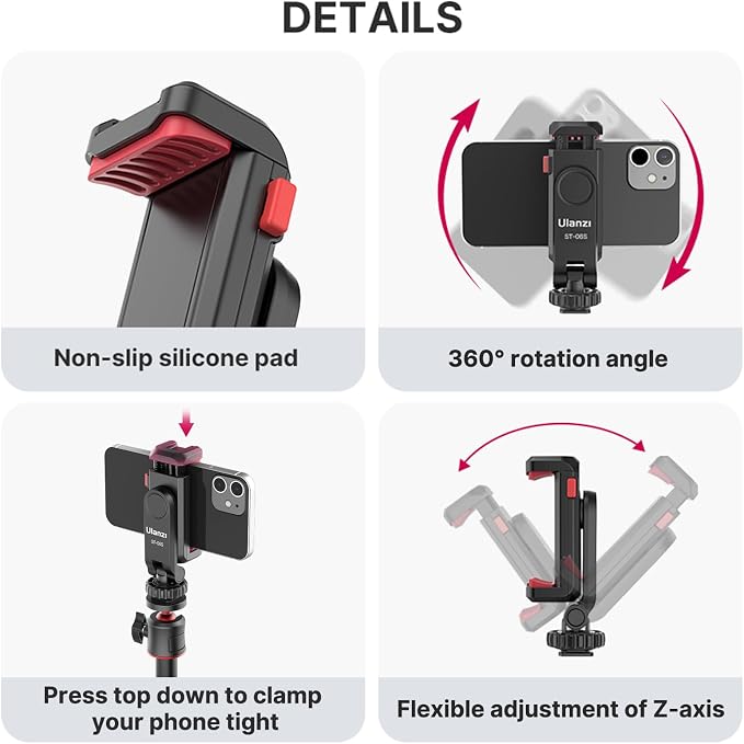Ulanzi ST-06S Hot Shoe Phone Clamp Black holding smartphone with dual cold shoe slots.