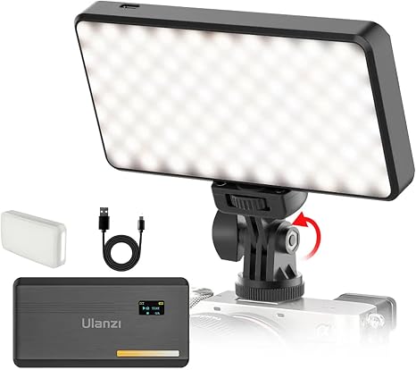 Ulanzi VL200 Bi-Color LED Light panel mounted on a camera hot shoe with soft diffuser attached.