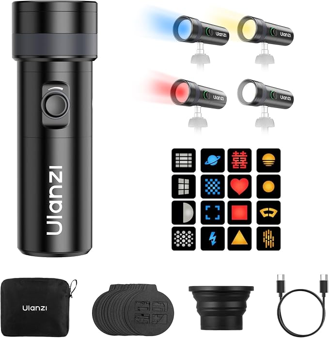 Ulanzi LM01 RGB Light mounted on a camera rig displaying vibrant blue lighting.