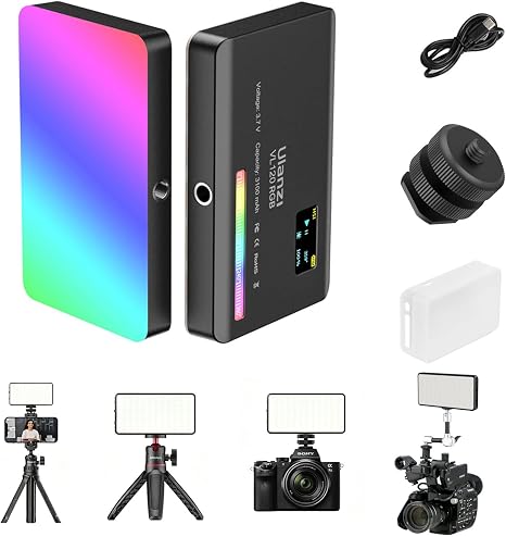 Ulanzi VL120 RGB LED Light on camera cold shoe displaying bright purple light with silicone diffuser attache