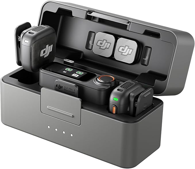 DJI Mic 3 wireless microphone transmitters, AMOLED receiver, and charging case