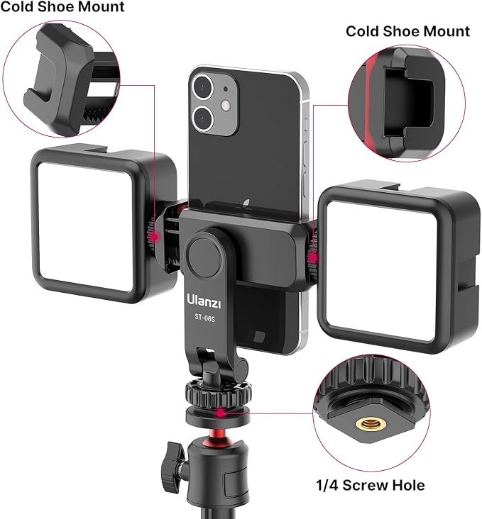 Ulanzi ST-06S Hot Shoe Phone Clamp Black holding smartphone with dual cold shoe slots.