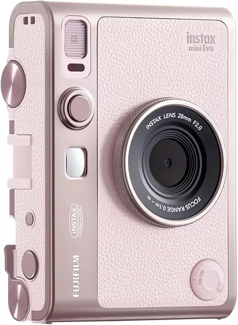 Fujifilm Instax Mini Evo Pink hybrid instant camera in Gentle Rose finish with 3 inch LCD screen