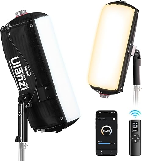 Deflated Ulanzi AL60 60W inflatable LED light rolled up next to a compact camera backpack.