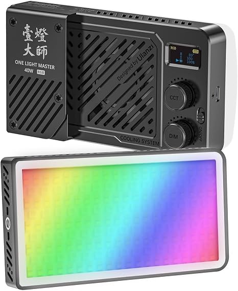 Ulanzi LM-P40 RGB Video Light mounted on camera hot shoe emitting bright purple light.