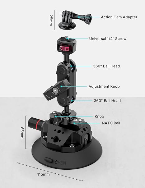 Ulanzi SC-02 Suction Cup Mount 4.5 inch camera holder with vacuum pump plunger.