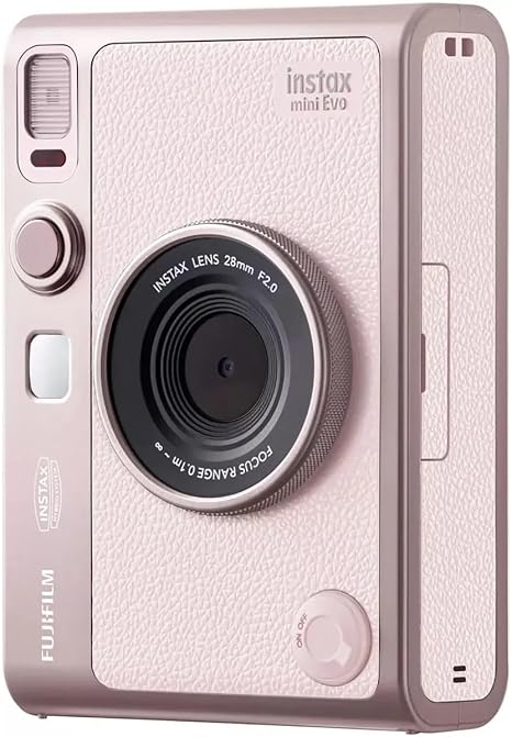 Fujifilm Instax Mini Evo Pink hybrid instant camera in Gentle Rose finish with 3 inch LCD screen