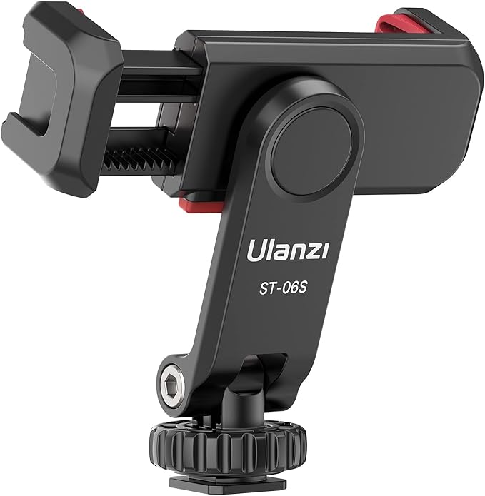 Ulanzi ST-06S Hot Shoe Phone Clamp Black holding smartphone with dual cold shoe slots.