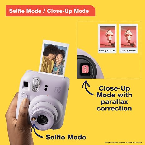 Fujifilm Instax Mini 12 instant camera with built in lens and selfie mirror