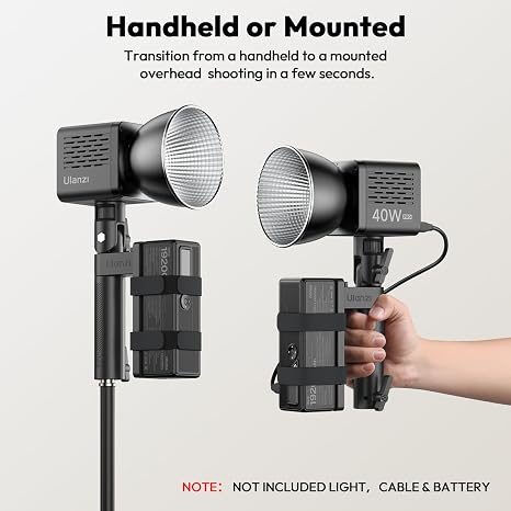 Ulanzi LA06 Light Handle Grip with Powerbank Plate holding a COB video light for outdoor filming in Lagos Nigeria
