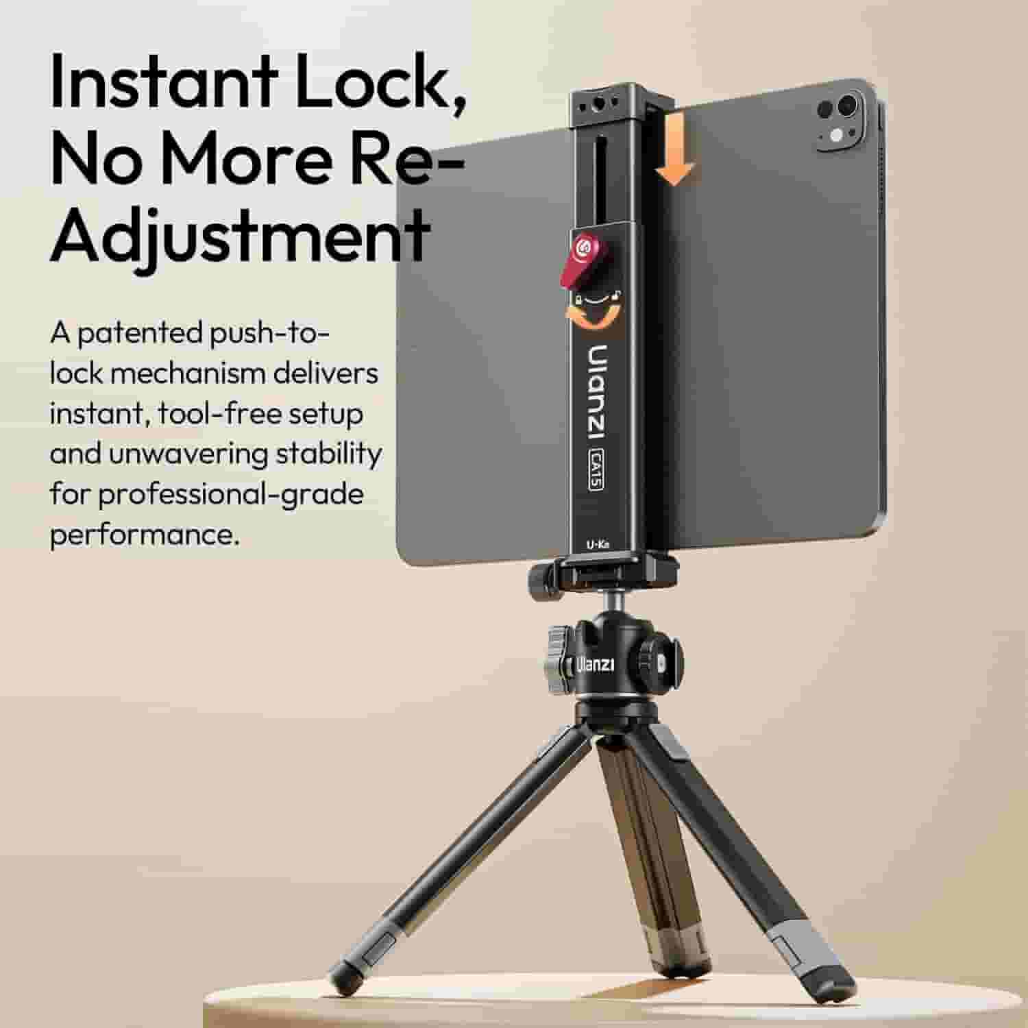 Ulanzi CA15 One-Lock Tablet Clamp holding iPad Pro on tripod setup in Nigeria