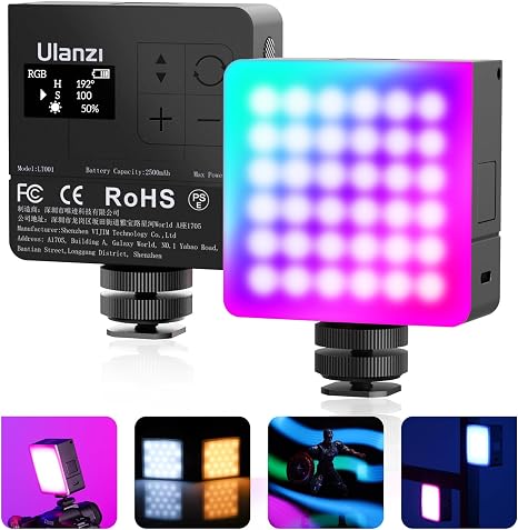 Ulanzi VL49 RGB Pro Light mounted on camera hot shoe emitting soft blue ambient illumination.