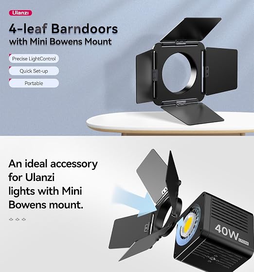 Ulanzi 4-Leaf Barndoors With Mini Bowens Mount M4 mounted on studio video light in Nigeria