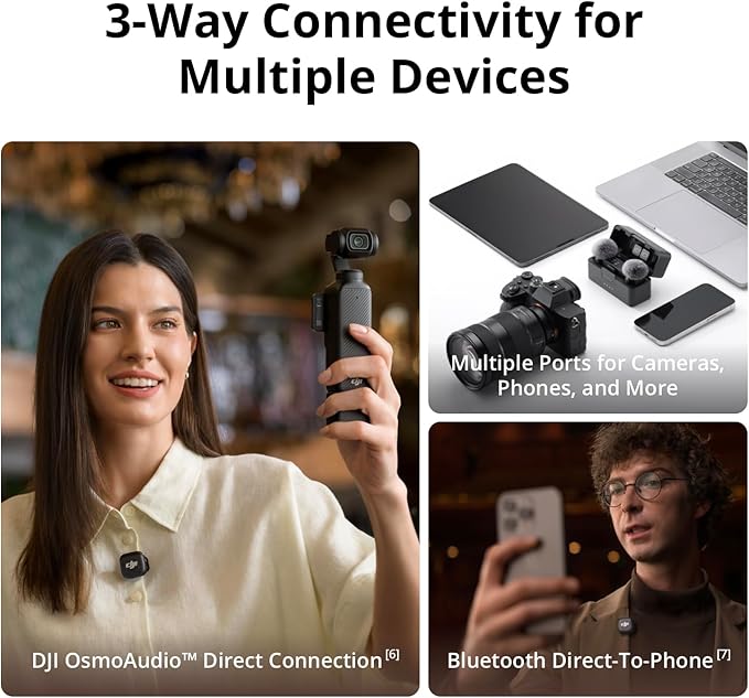 DJI Mic 3 wireless microphone transmitters, AMOLED receiver, and charging case