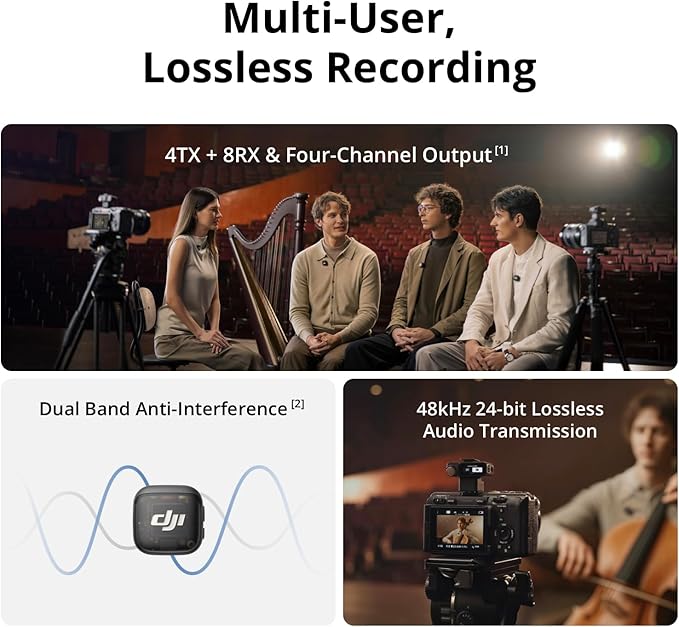 DJI Mic 3 wireless microphone transmitters, AMOLED receiver, and charging case