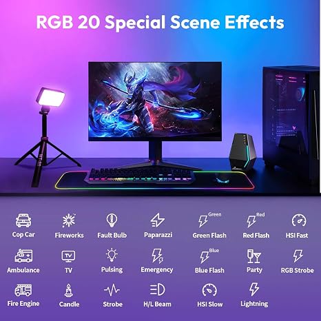 Ulanzi LM-P40 RGB Video Light mounted on camera hot shoe emitting bright purple light.