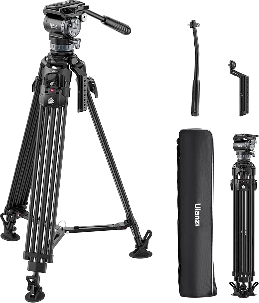 Black Ulanzi Heavy Duty Video Tripod T048 standing with fluid head and cinema camera mounted.