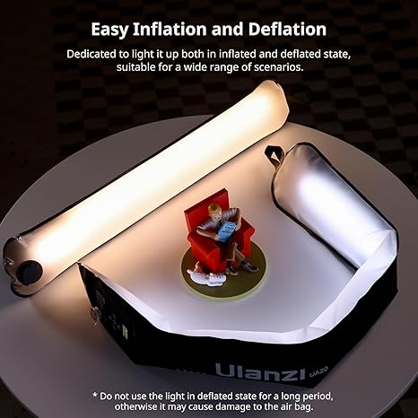 Ulanzi UA20 Air Tube Light inflated displaying soft 20W daylight illumination with control module attached.