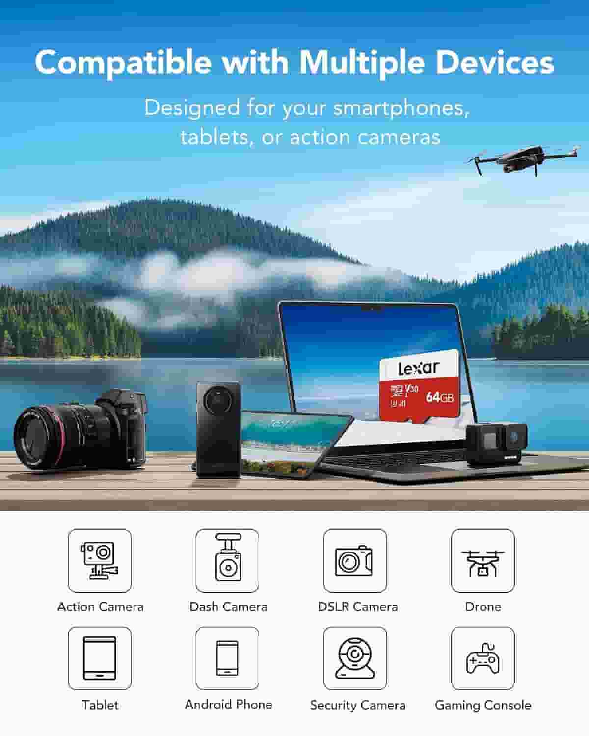 Lexar 64GB V30 Nigeria SDXC memory card set up for camera photography in Lagos