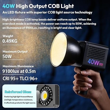 Ulanzi 40W RGB LED Light mounted on stand with mini reflector attached emitting blue light.