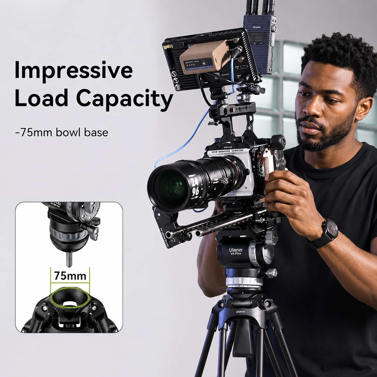 Black Ulanzi Heavy Duty Video Tripod T048 standing with fluid head and cinema camera mounted.