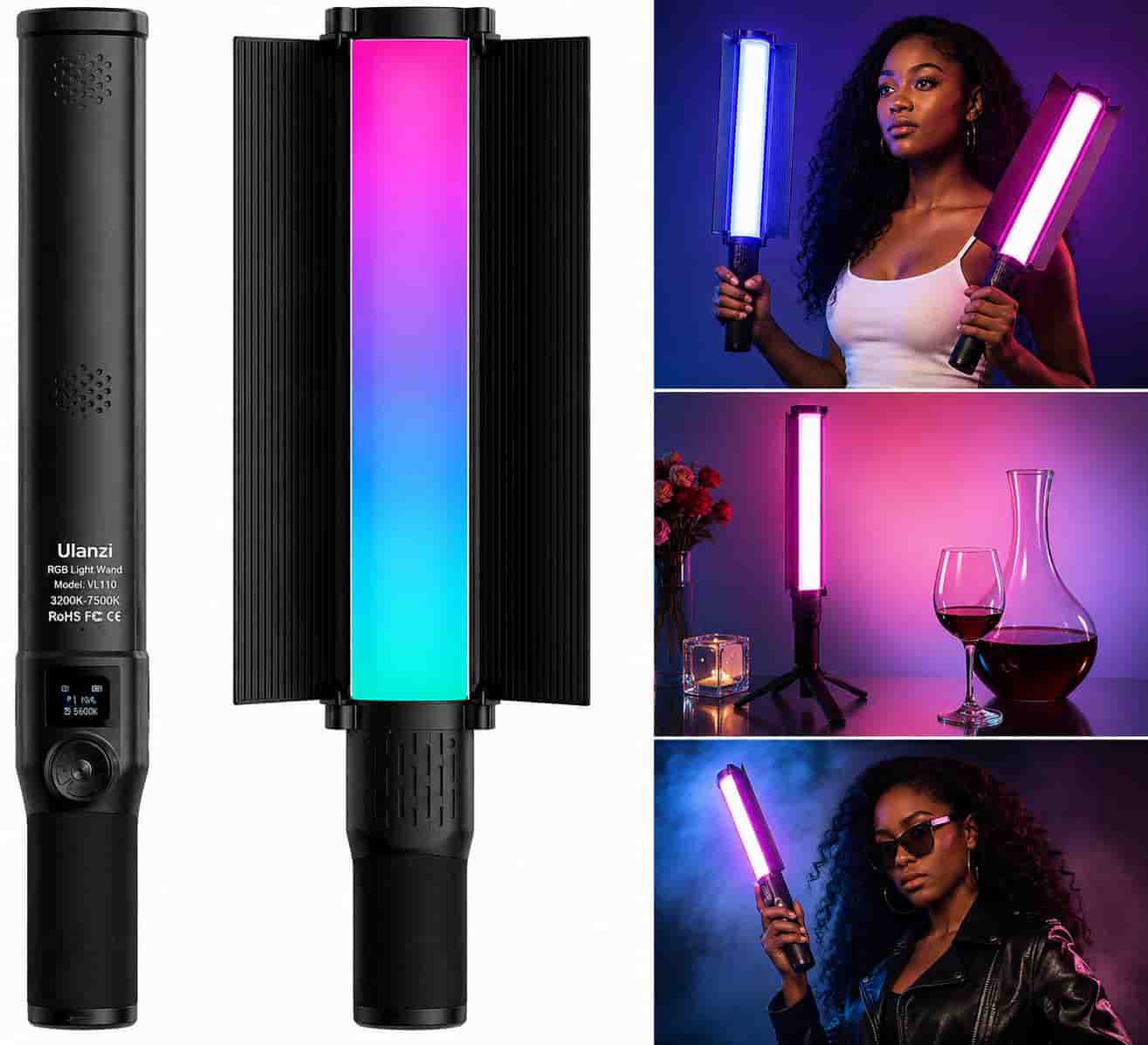 Ulanzi VL360 RGB LED Light tube emitting vibrant full-color lighting with ergonomic handheld grip.