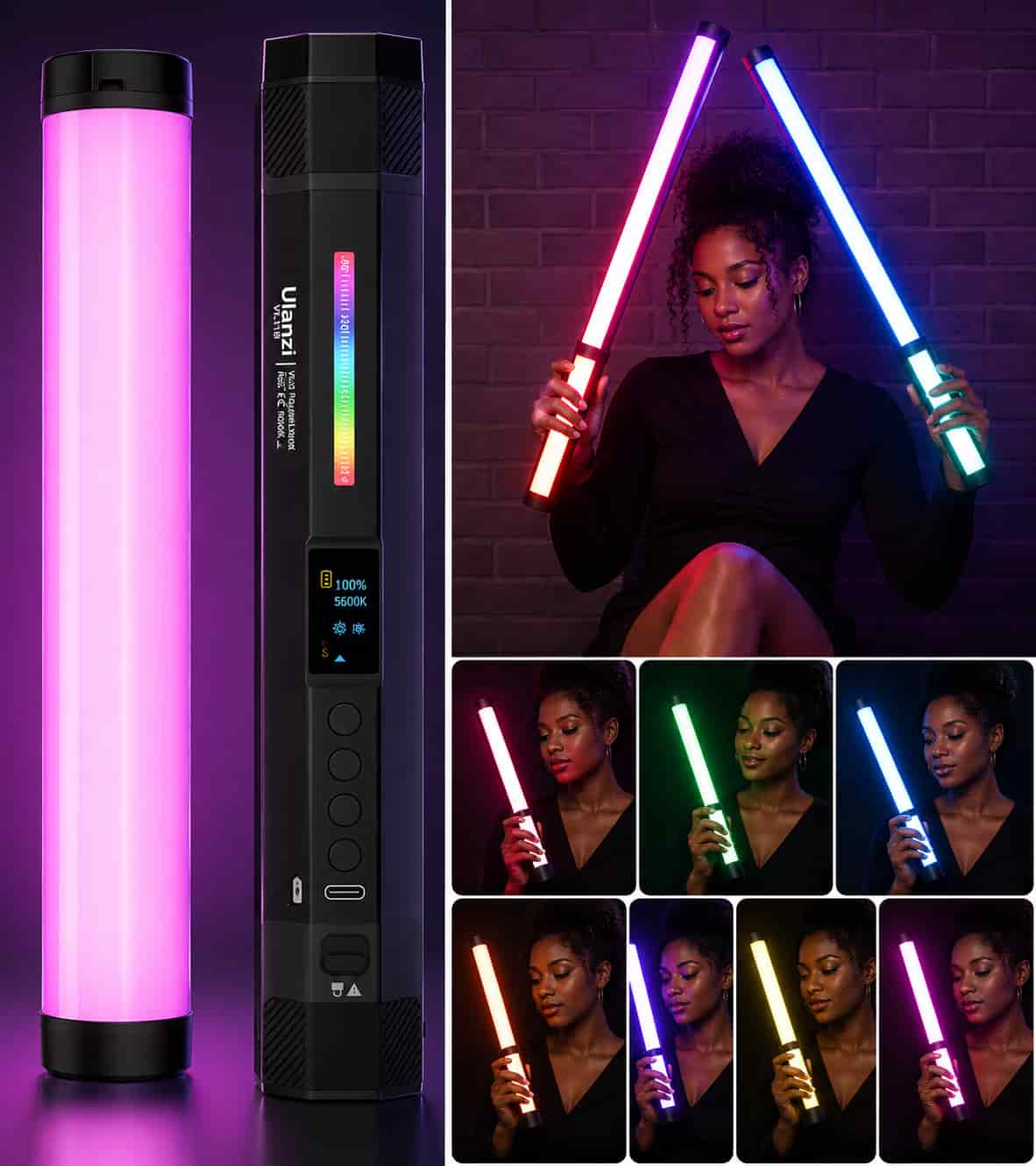 Ulanzi VL110 RGB Tube Light attached magnetically to a metal frame emitting cyan and pink lighting.
