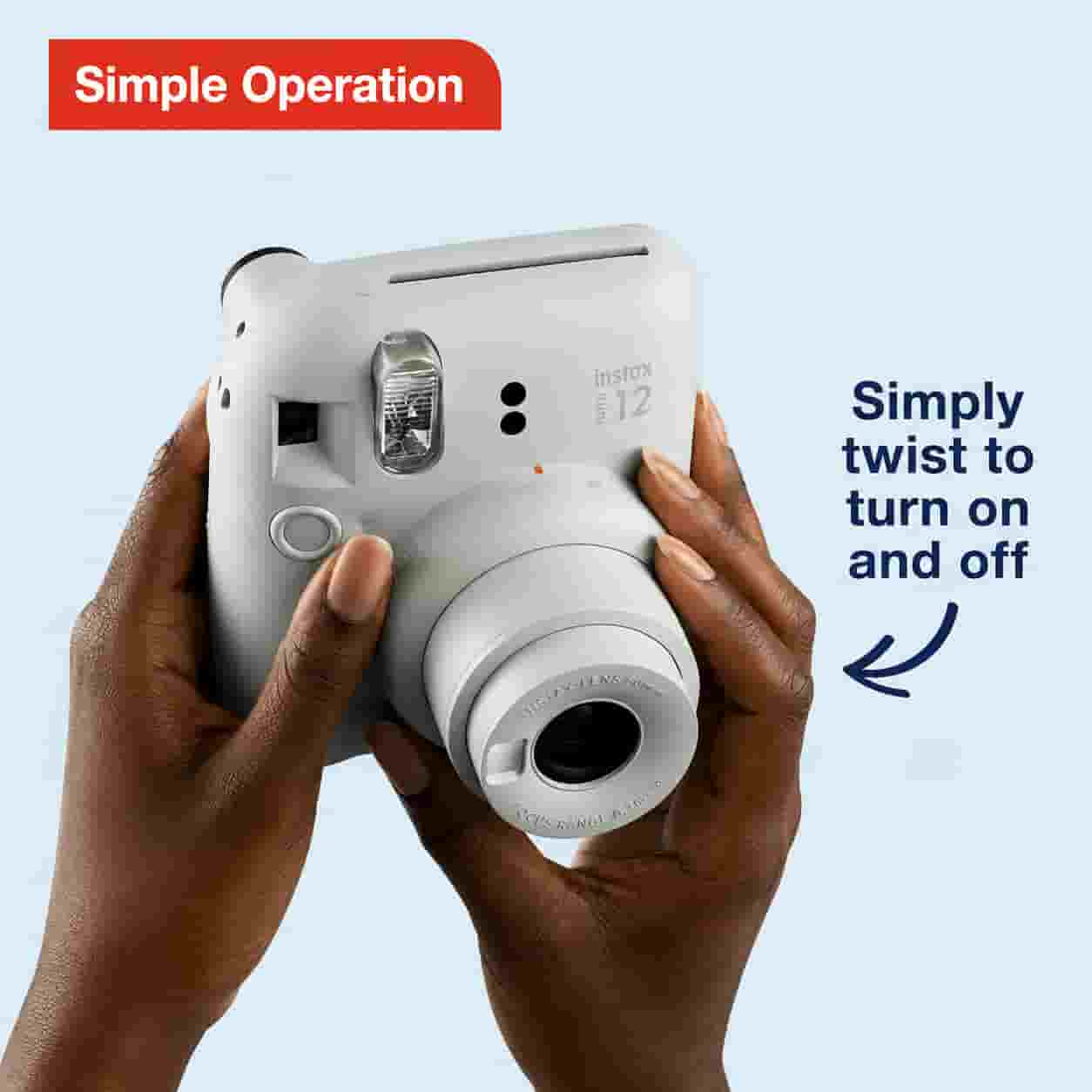 Fujifilm Instax Mini 12 instant camera with built in lens and selfie mirror