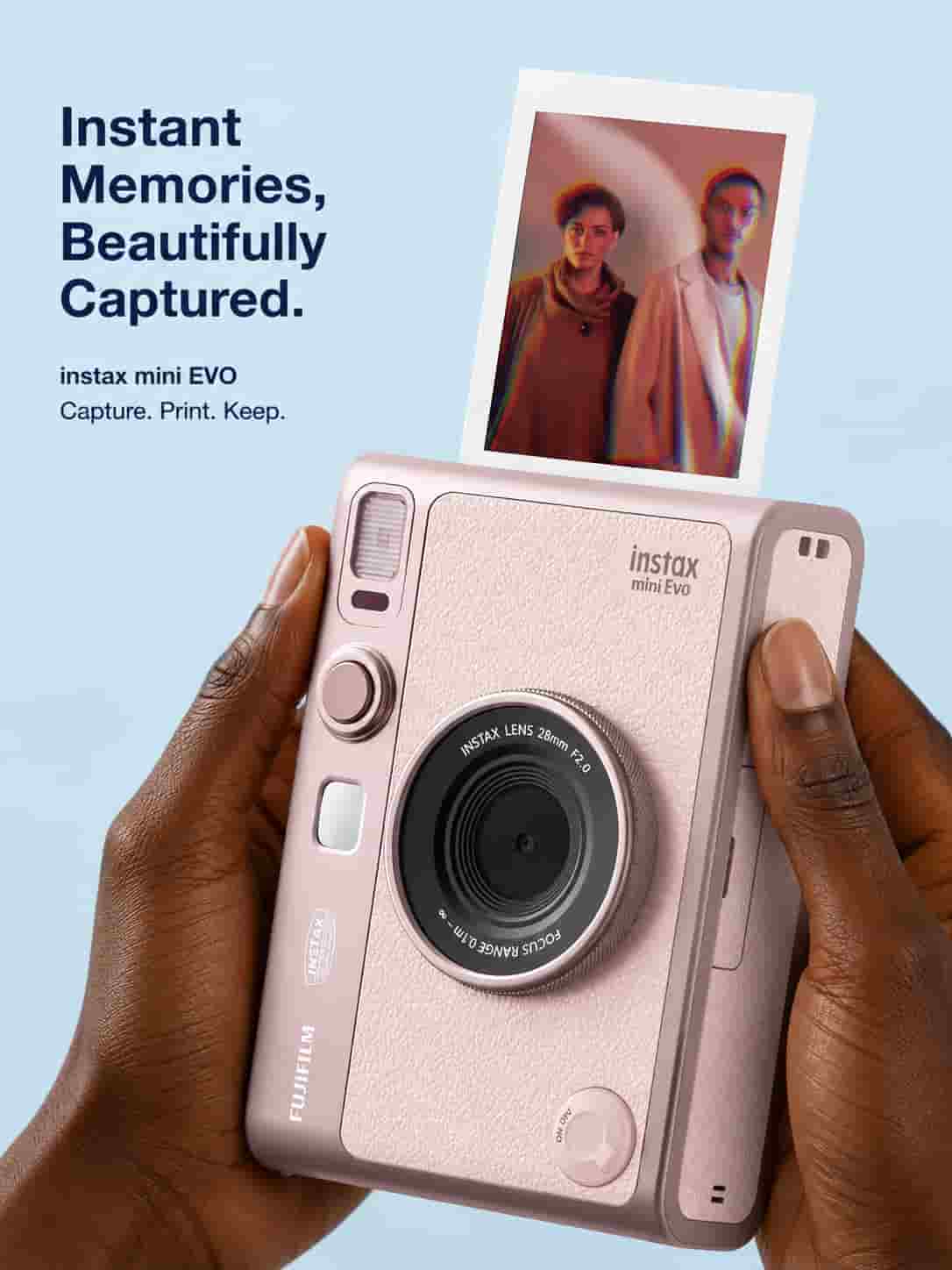 Fujifilm Instax Mini Evo Pink hybrid instant camera in Gentle Rose finish with 3 inch LCD screen